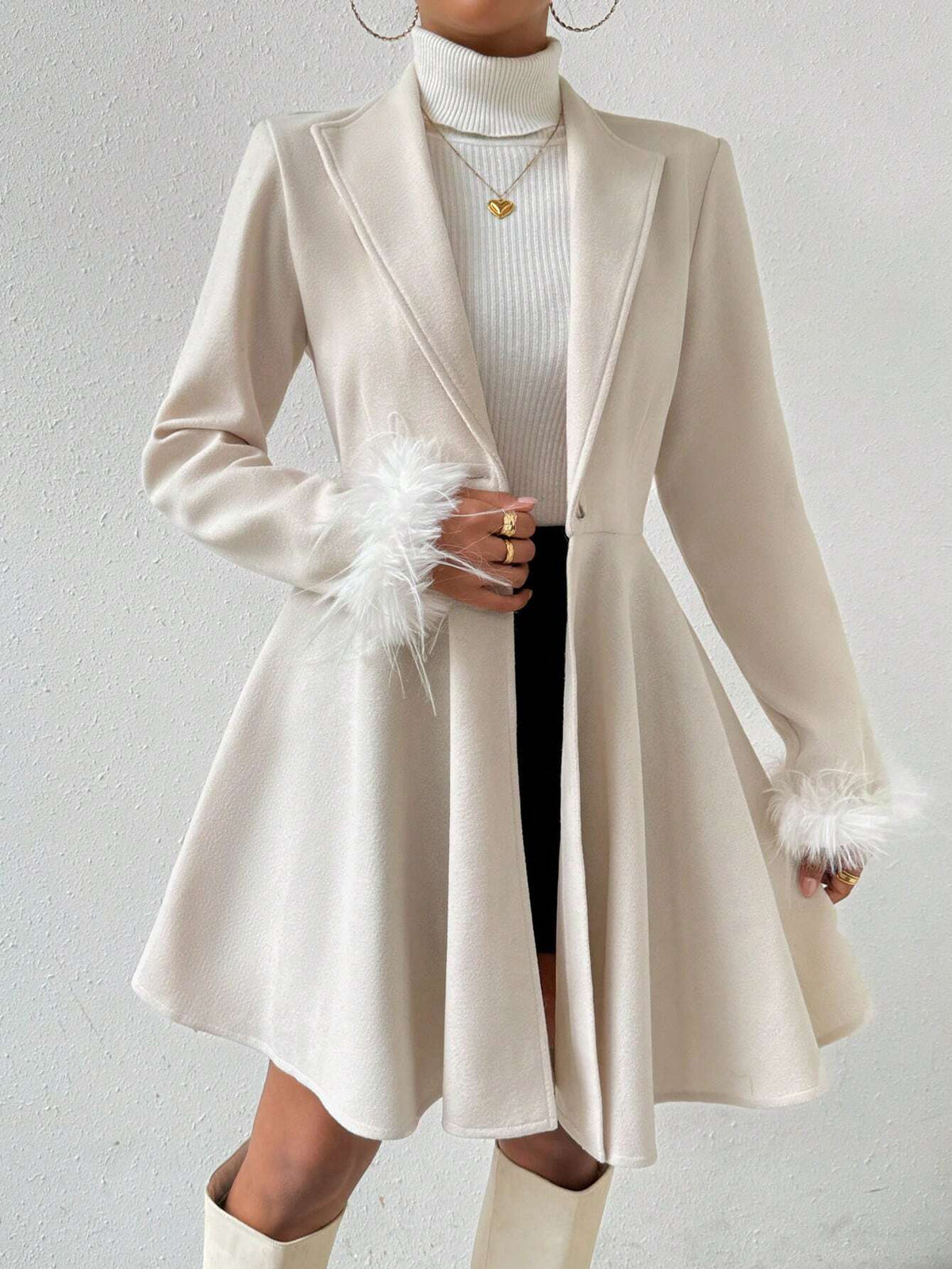 LUNE Solid Color Overcoat with Fringed Cuff and Single Button Closure Fall Winter Cloth for Women