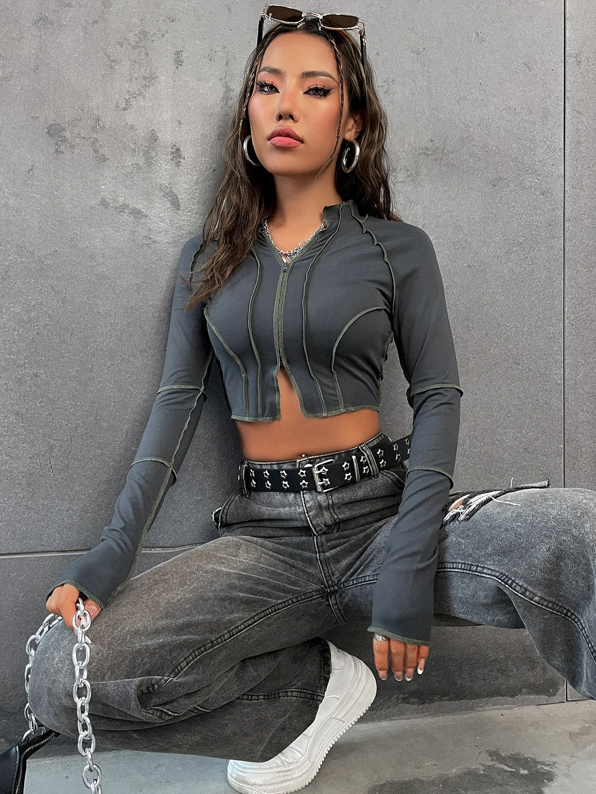 SHEIN Unity Top-Stitching Raglan Sleeve Zipper Crop Tee Fall Cloth for Women