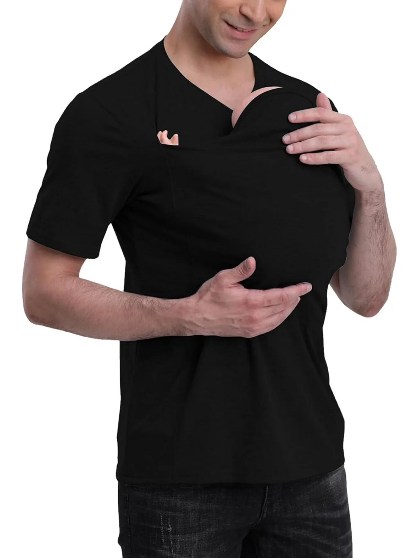 Parent-Child Interaction Kangaroo Shirt for Men, Short-Sleeved, with Baby Carrier Pocket, Dad Style Casual T-Shirt