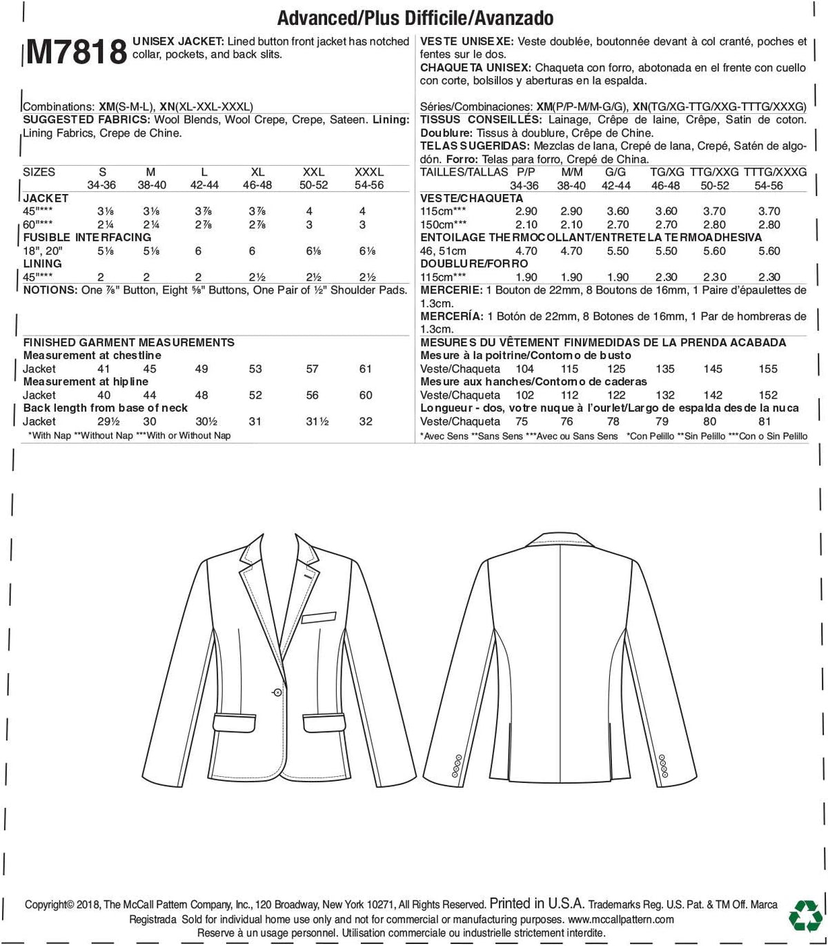 Pattern Company 'S Women'S and Men'S Formal Jacket Sewing Patterns by Melissa Watson for Palmer/Pletsch, Sizes XL-XXXL, XXL, White