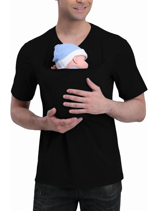 Parent-Child Interaction Kangaroo Shirt for Men, Short-Sleeved, with Baby Carrier Pocket, Dad Style Casual T-Shirt