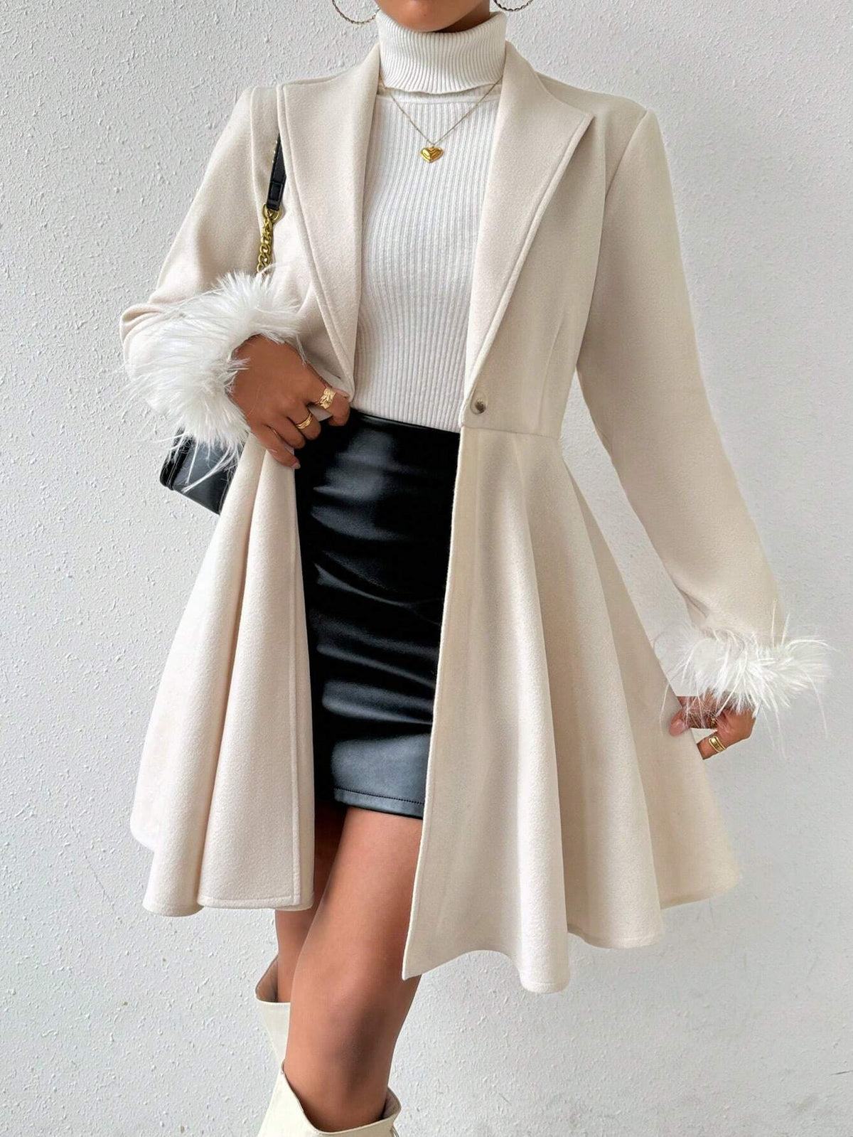 LUNE Solid Color Overcoat with Fringed Cuff and Single Button Closure Fall Winter Cloth for Women