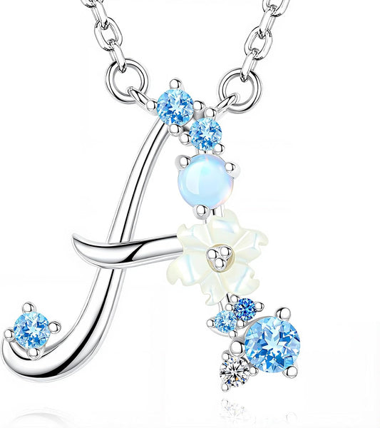 Initial Necklace for Women 925 Sterling Silver Initial a to Z Letter Pendant Necklace with Blue Flower Cubic Zirconia Birthday Engagement Gift for Women,Mom, Couple