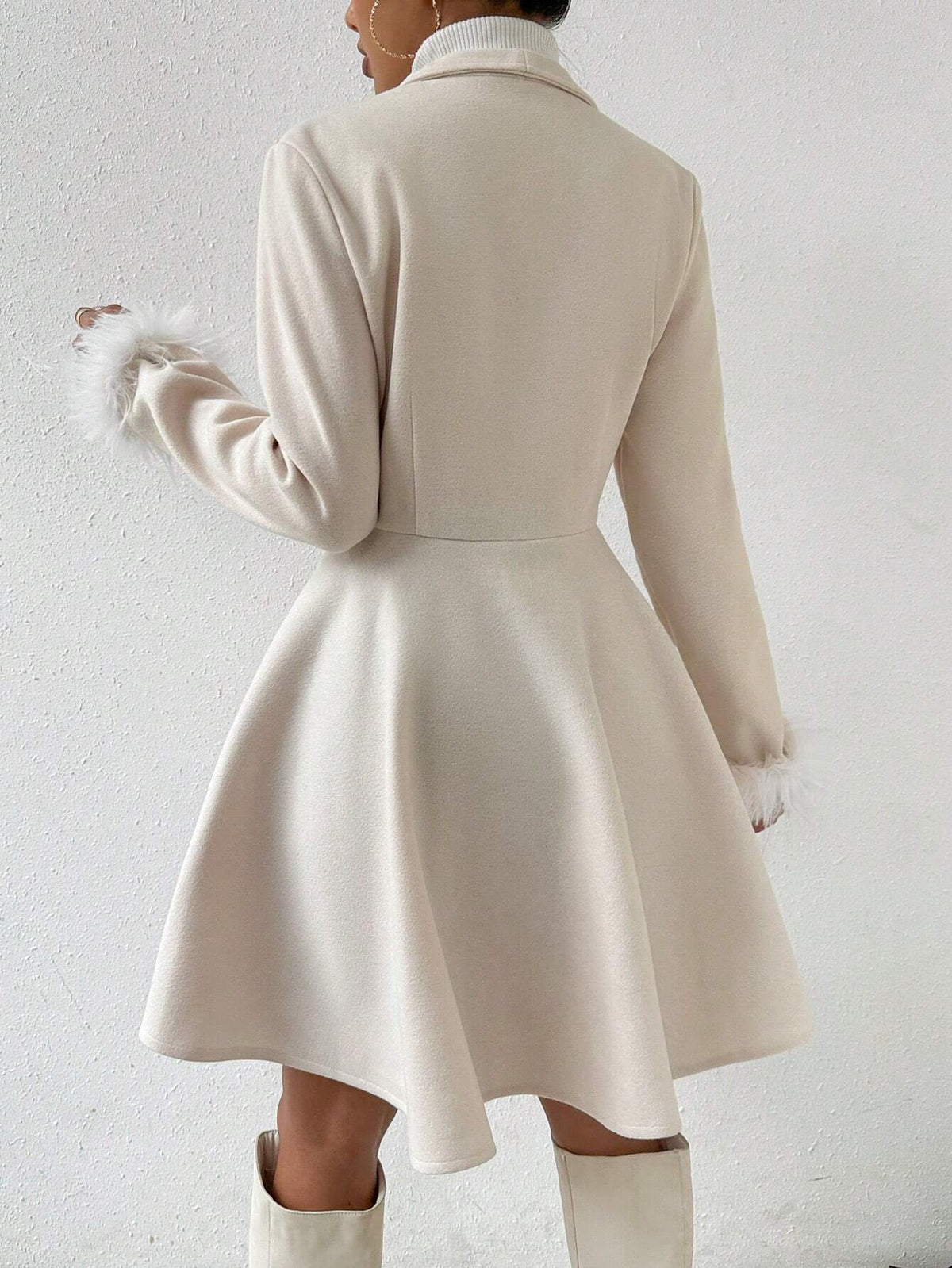 LUNE Solid Color Overcoat with Fringed Cuff and Single Button Closure Fall Winter Cloth for Women