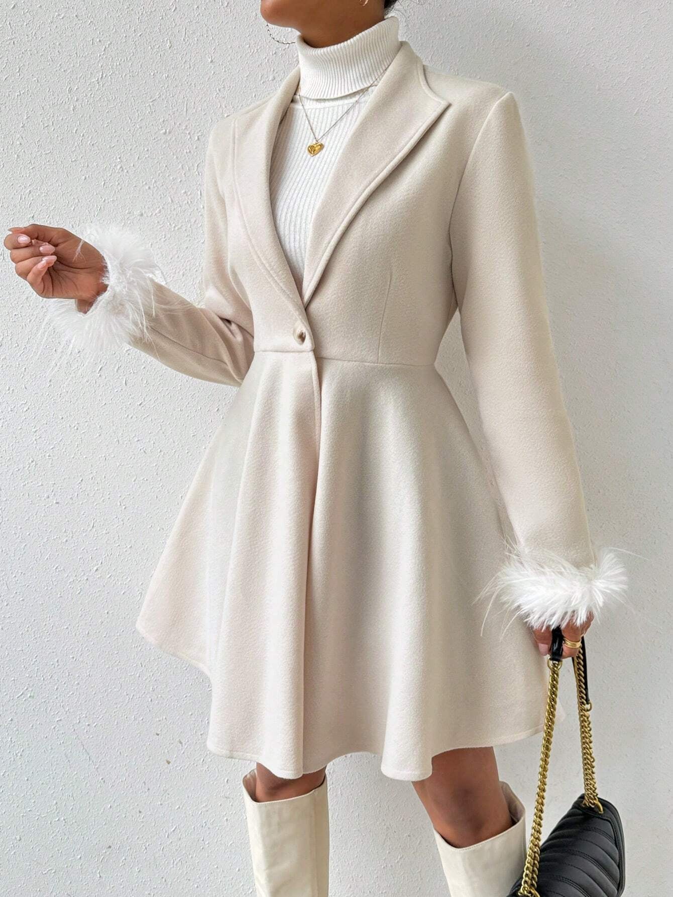 LUNE Solid Color Overcoat with Fringed Cuff and Single Button Closure Fall Winter Cloth for Women