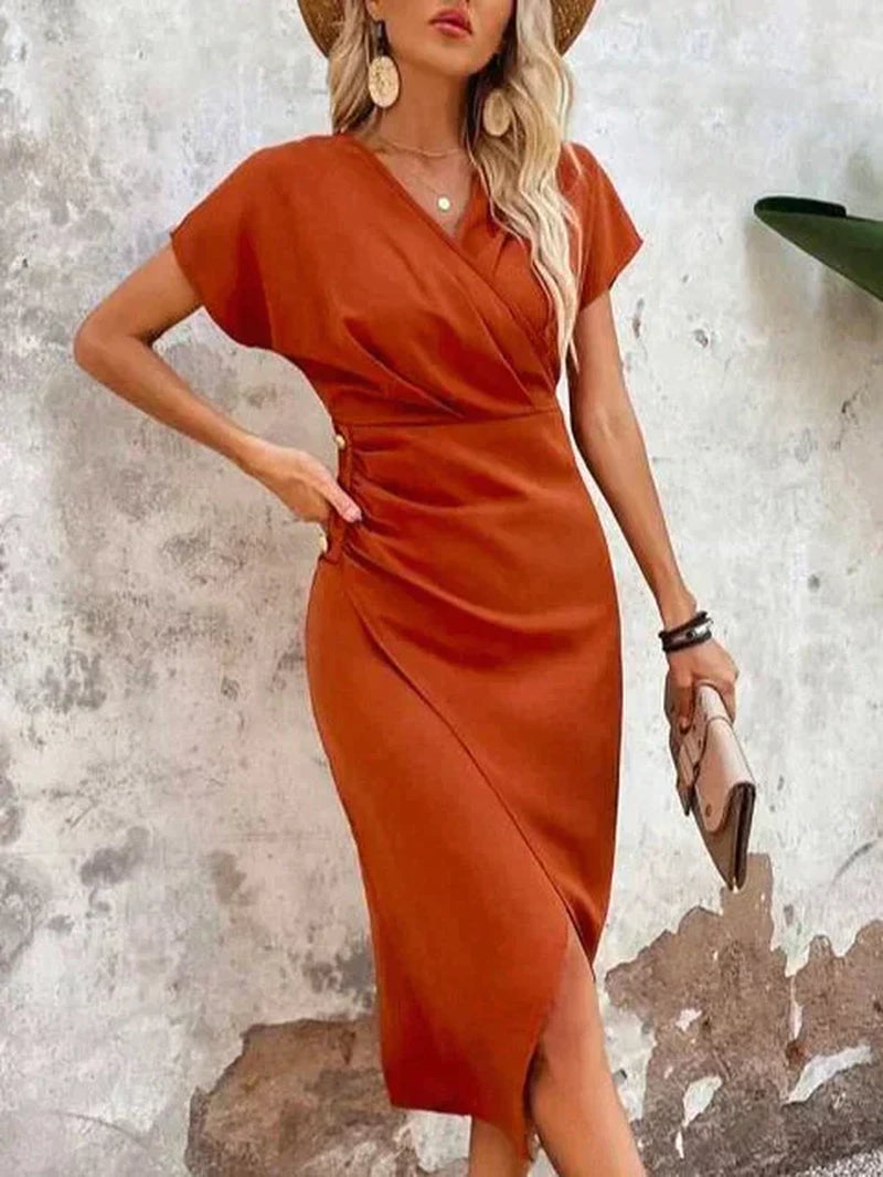 Stylish Orange V-Neck Midi Dress - Ruby